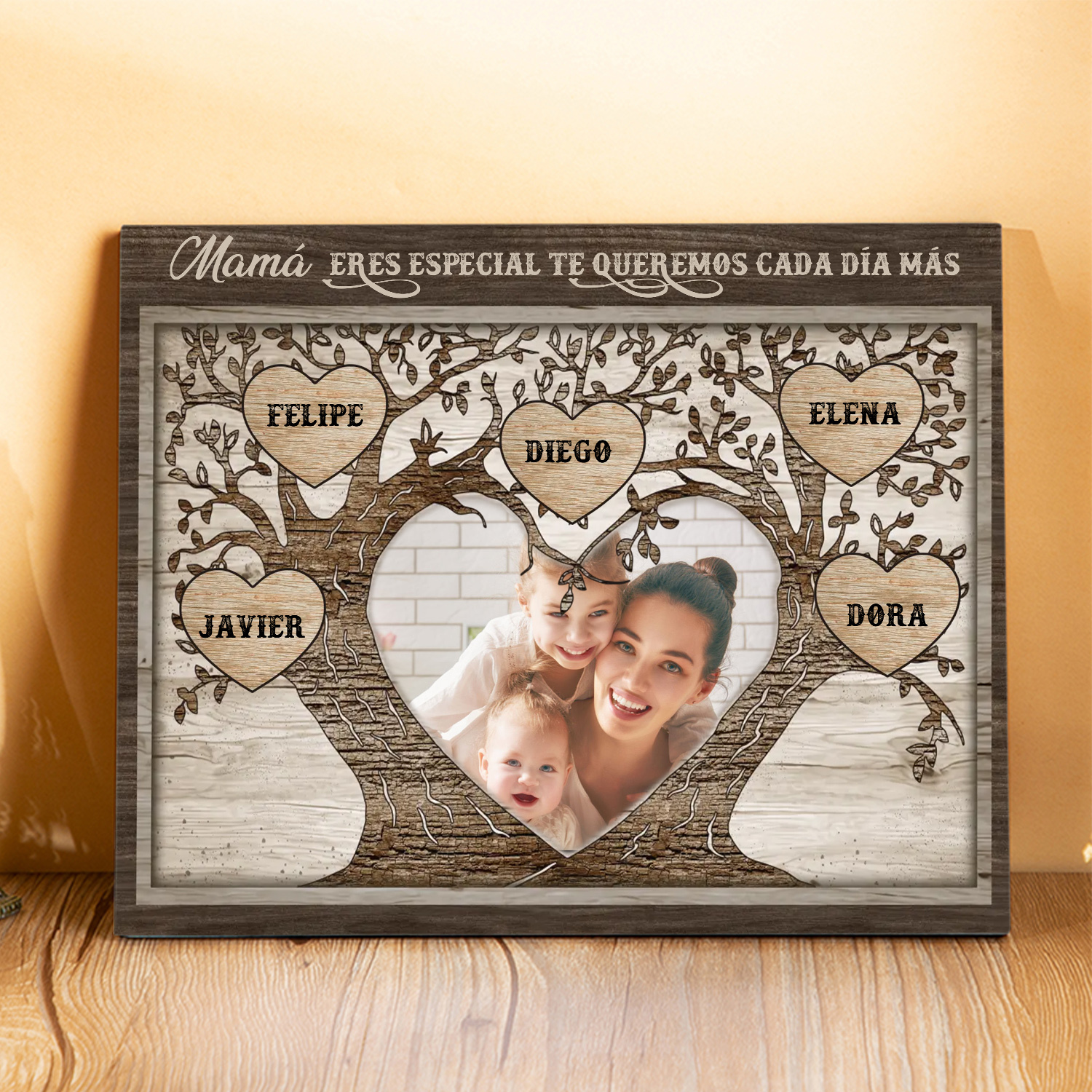 A familia - Lámina 2-9 nombres y 1 foto personalizados marco de madera árbol de la vida-Jessemade ES