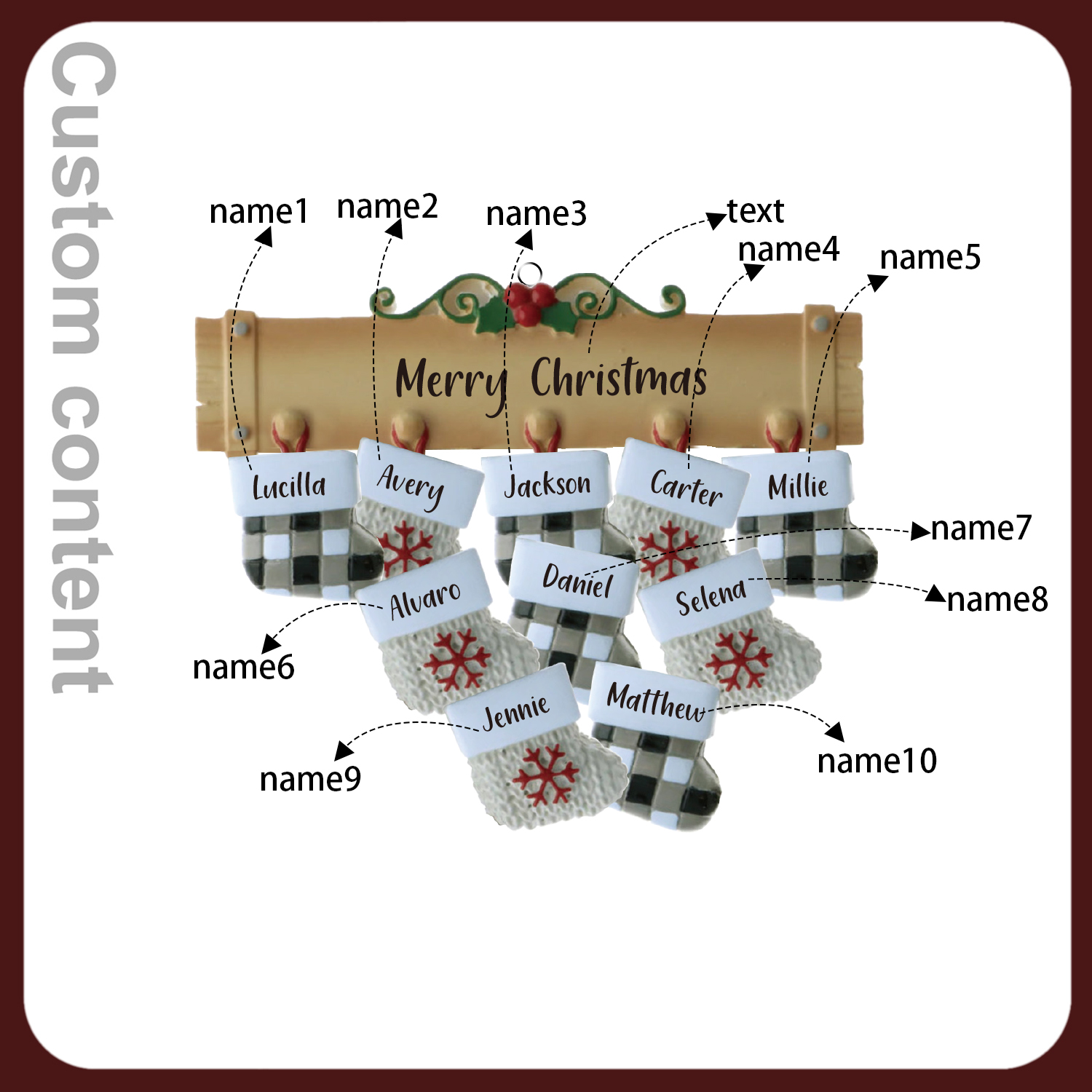 Navidad-Ornamento muñecos navideño de madera calcetines 10 nombres y 1 texto personalizados adorno del árbol-Jessemade ES