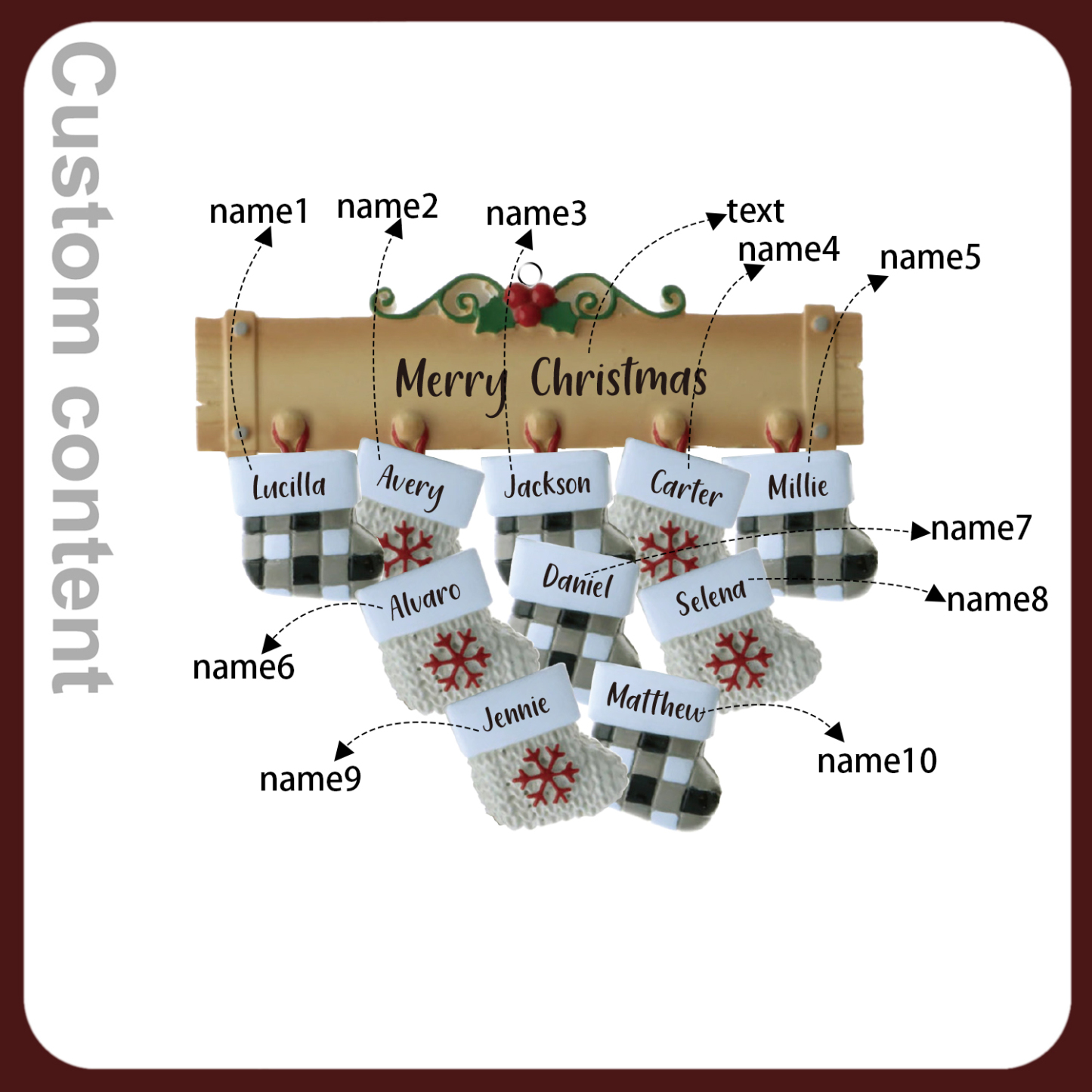 Navidad-Ornamento muñecos navideño de madera calcetines 10 nombres y 1 texto personalizados adorno del árbol-Jessemade ES