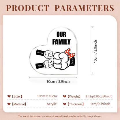 A mi mamá/abuela-Placa de acrílico "Puños" en forma de corazón 3 nombres y 1 texto personalizados-Jessemade ES