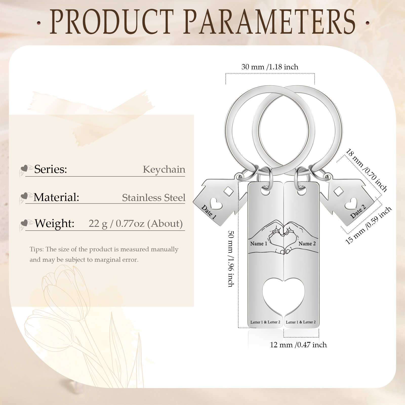 Llavero para pareja posando corazón con manos 2 nombres, 2 letras personalizados con fecha dije de casa-Jessemade ES
