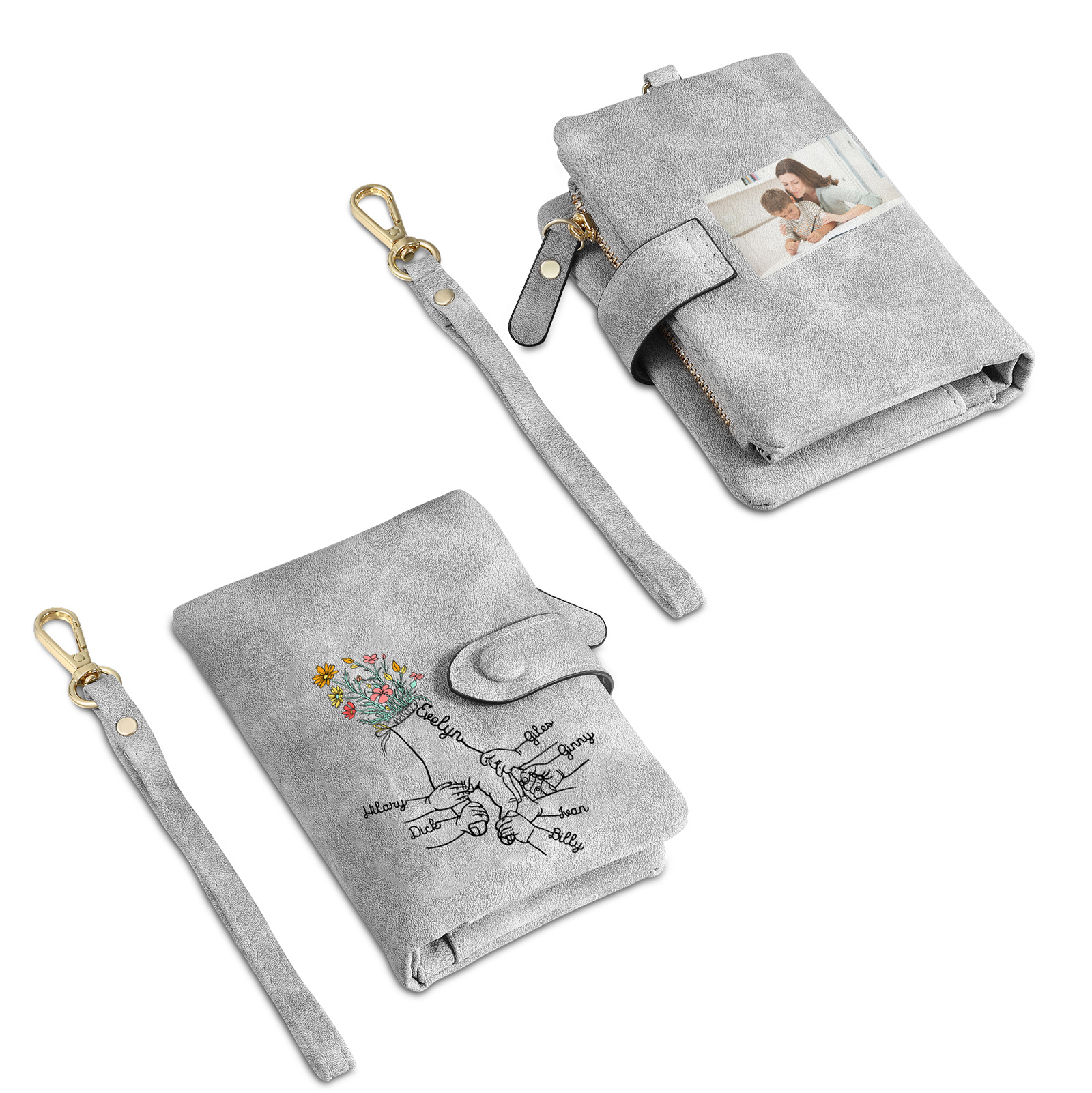Cartera, billetera con 7 nombres y 1 foto personalizados mano con manito monedero clásico para mujer-Jessemade ES