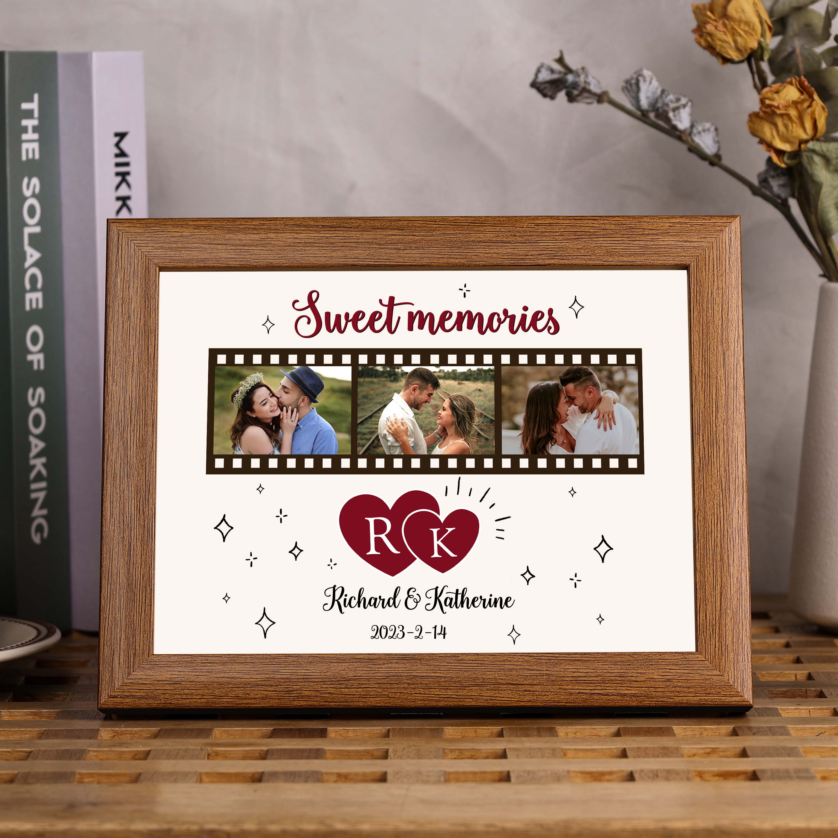 Marco de 3 fotos de madera para pareja 2 textos, 2 letras y fecha personalizados-Jessemade ES