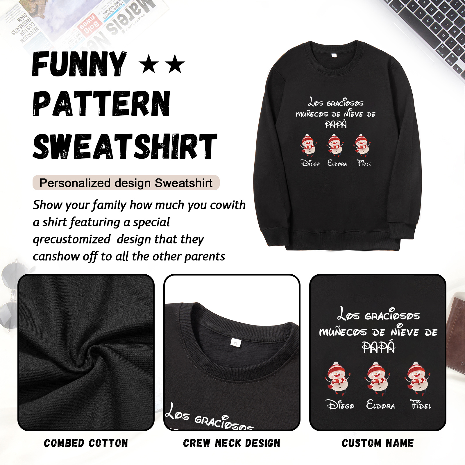 Familia-Sudadera "Muñecos de nieve" 4 nombres personalizados-Jessemade ES