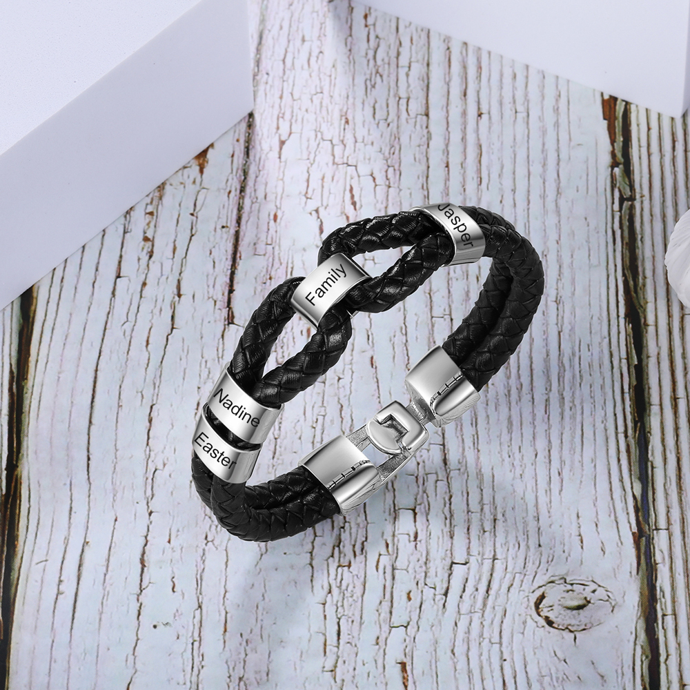 Pulsera 1-7 Nombres Personalizados de Cuero Trenzado con Aros-Jessemade ES