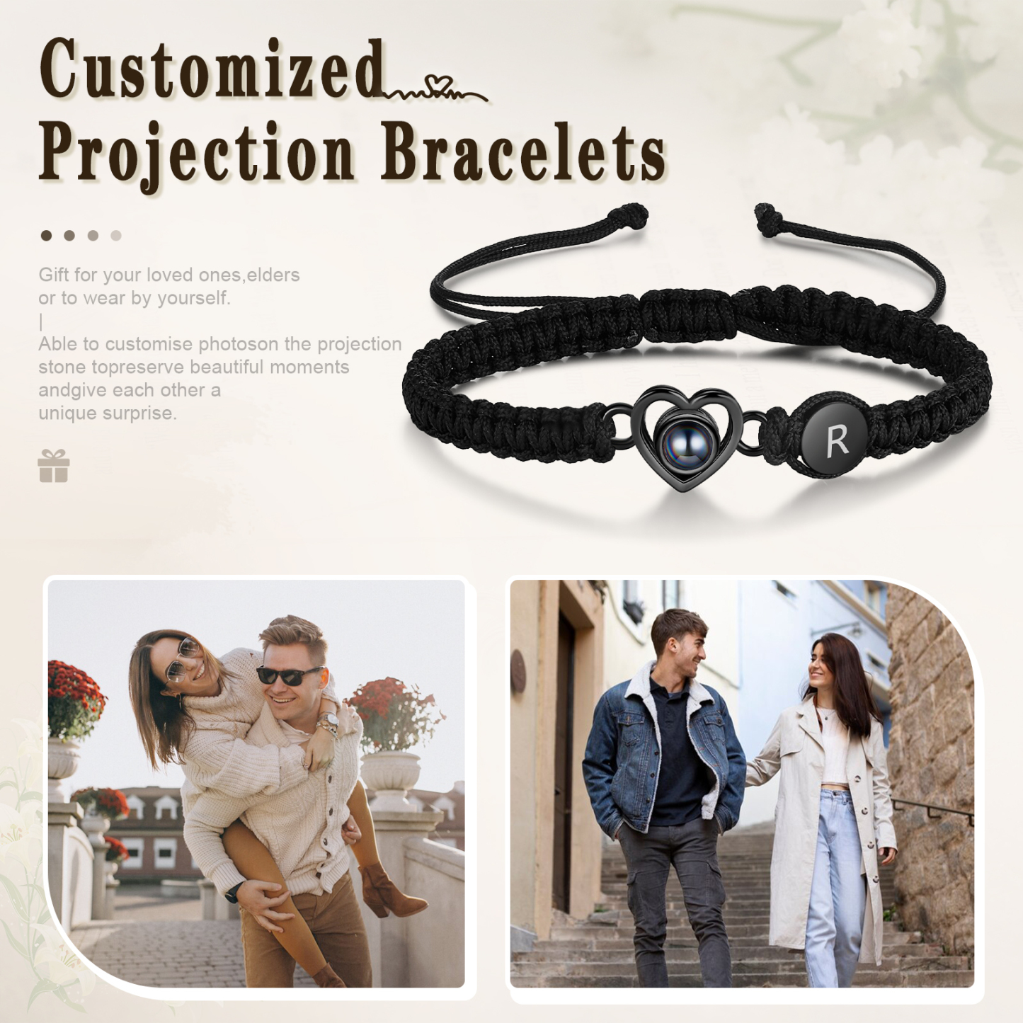 Pulsera con proyección de foto en color con dije de corazón y 2 colores de cuerda ajustable-Jessemade ES