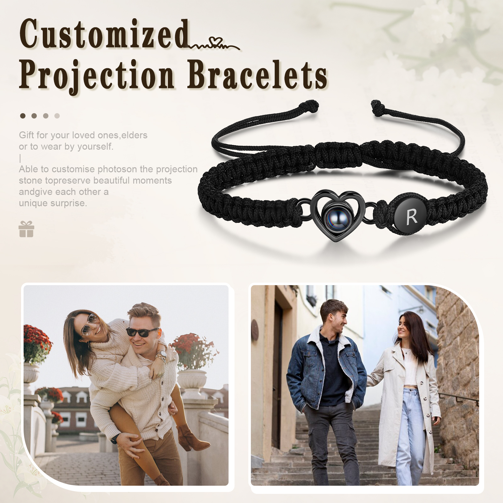 Pulsera con proyección de foto en color con dije de corazón y 2 colores de cuerda ajustable-Jessemade ES