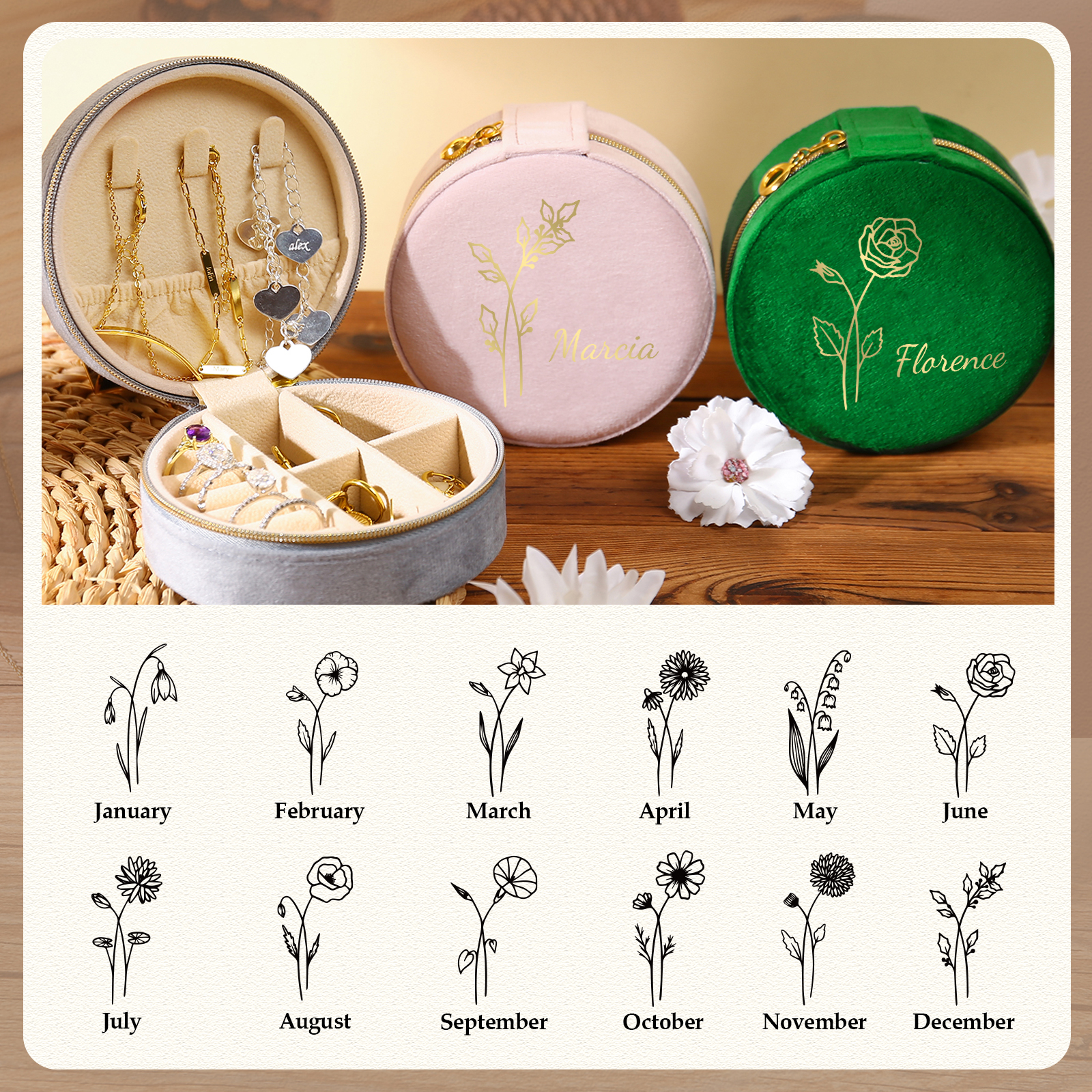Caja de regalo para joya personalizada con nombre y flor de nacimiento-Jessemade ES