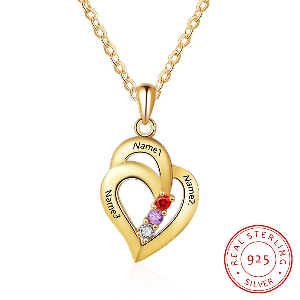 Collar para mujer de corazón de plata 925 personalizado con 3 piedras de nacimiento y 3 nombres