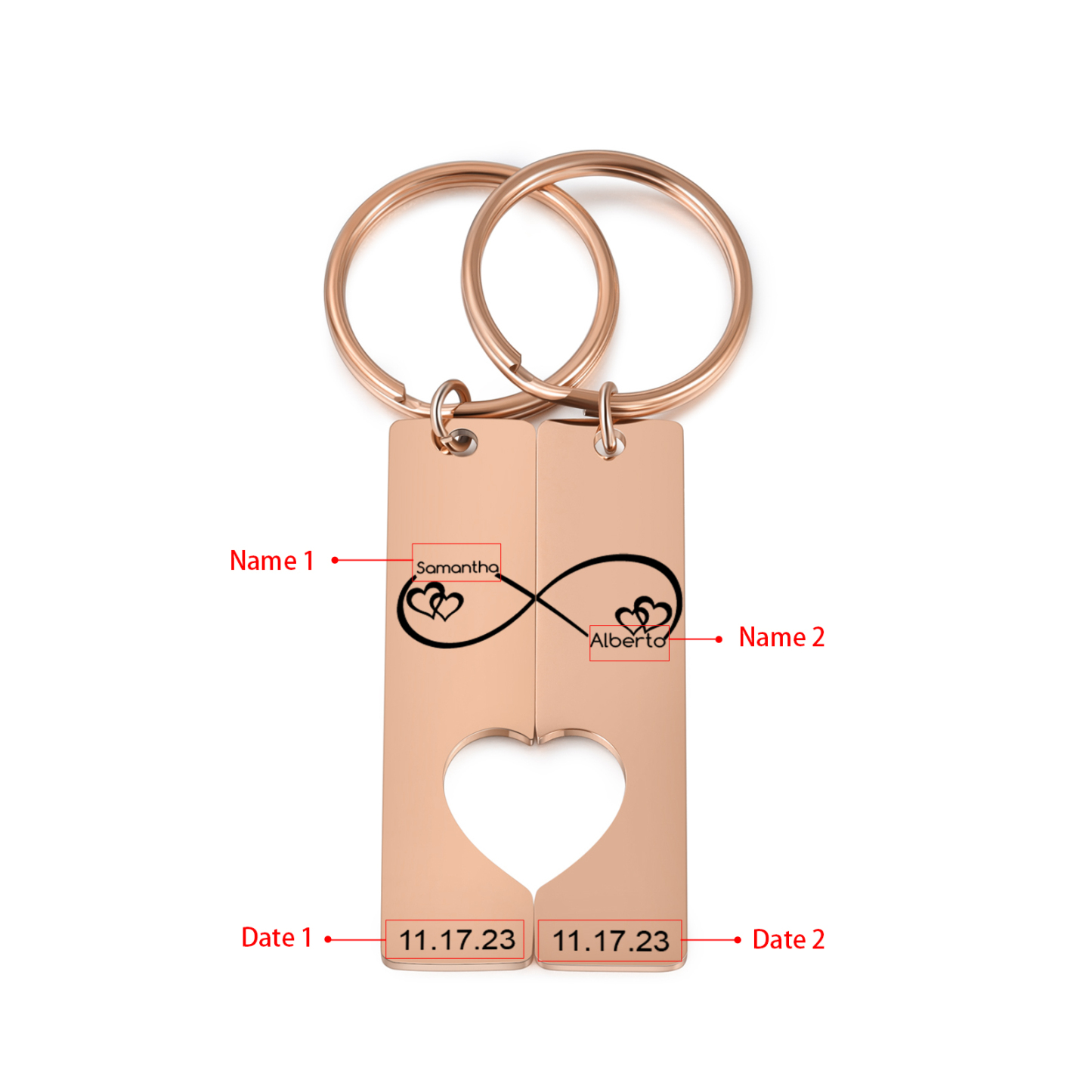 Llavero con corazón encajado para pareja nudo infinito 2 nombres personalizados con fecha-Jessemade ES