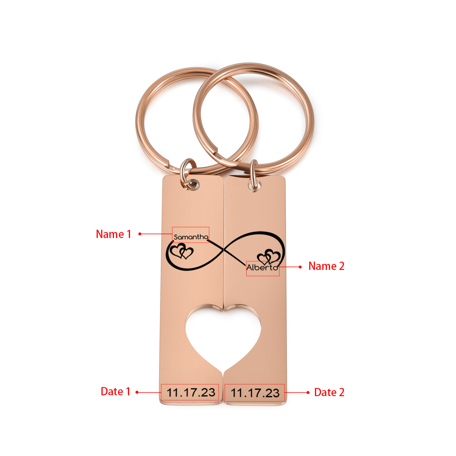 Llavero con corazón encajado para pareja nudo infinito 2 nombres personalizados con fecha-Jessemade ES