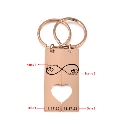 Llavero con corazón encajado para pareja nudo infinito 2 nombres personalizados con fecha-Jessemade ES