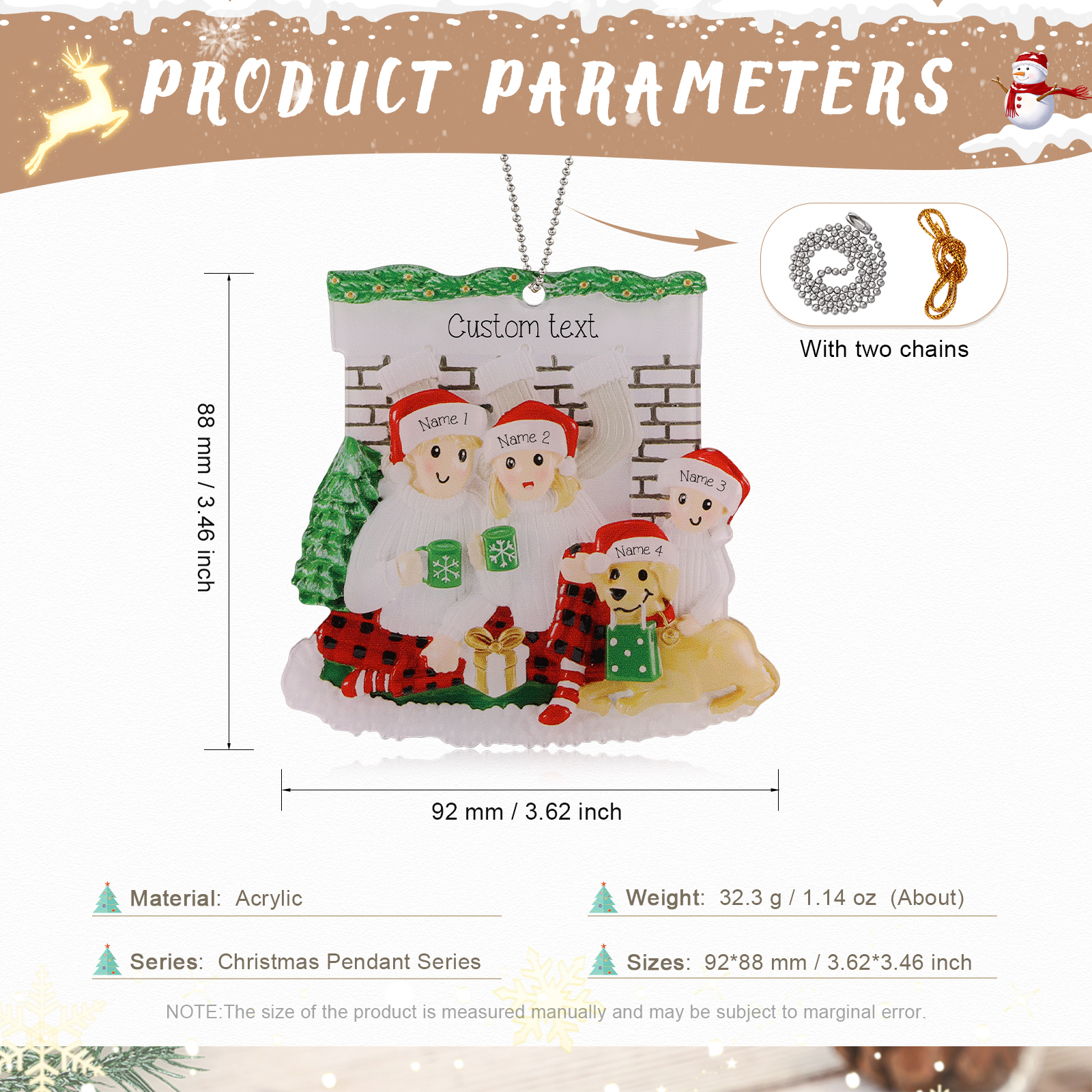 Navidad-Muñecos Ornamentos Navideños Familia con Perro 4 Nombres y Texto Personalizados