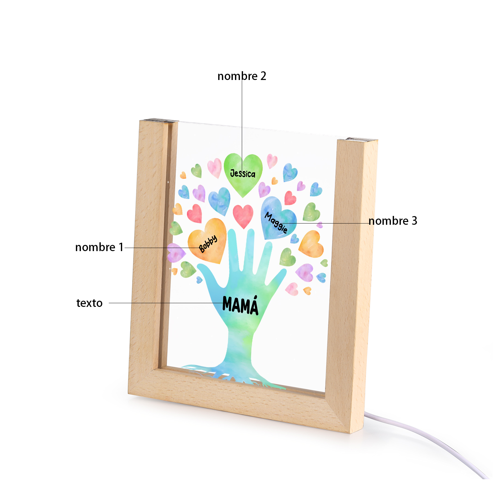 A mi mamá/abuela-Lámpara Personalizada con 2-8 Nombres y Texto "árbol y corazones" 3D Ilusión Luz de Noche-Jessemade ES