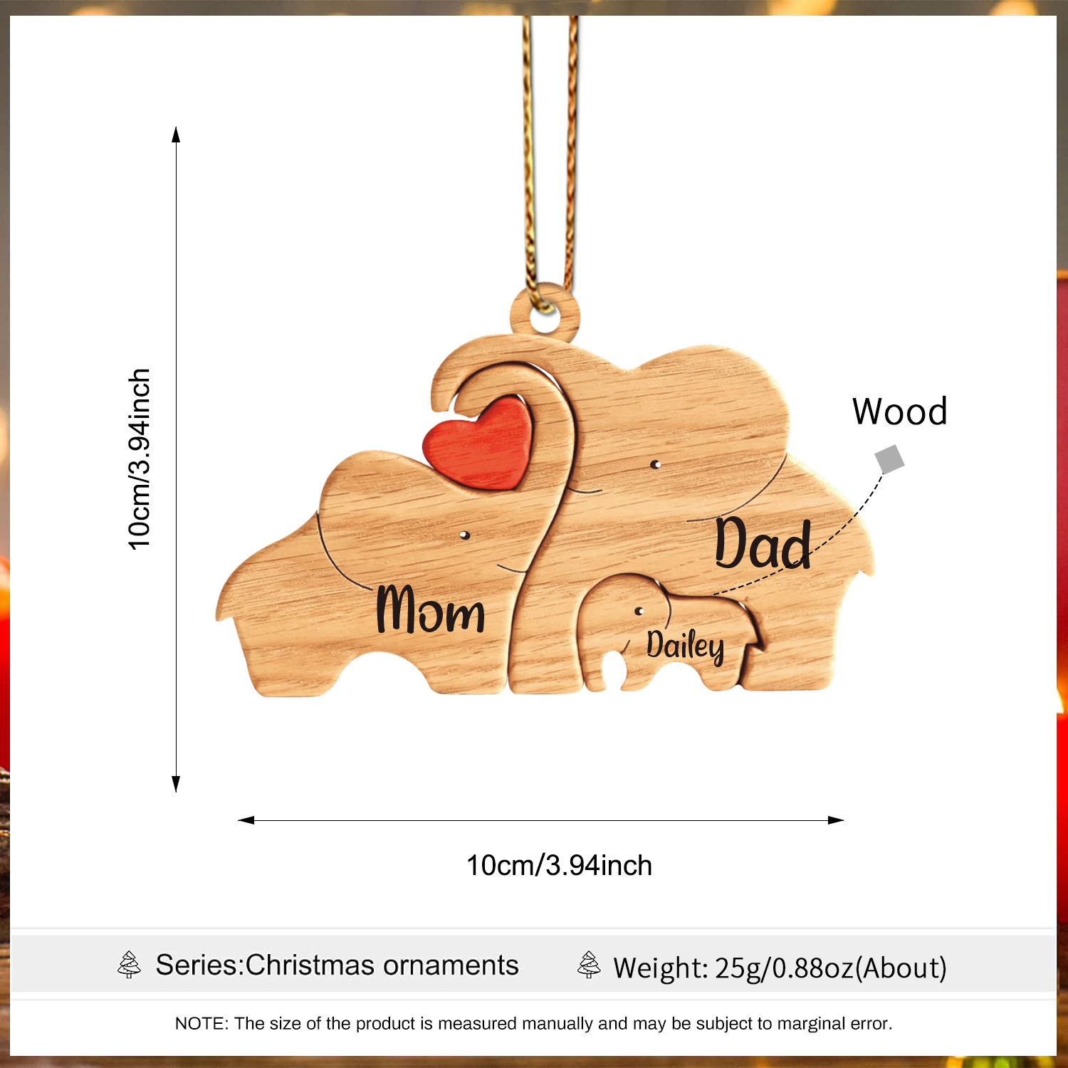 Navidad-Ornamento muñecos navideño de madera familia de elefantes 3 nombres personalizados adorno del árbol-Jessemade ES
