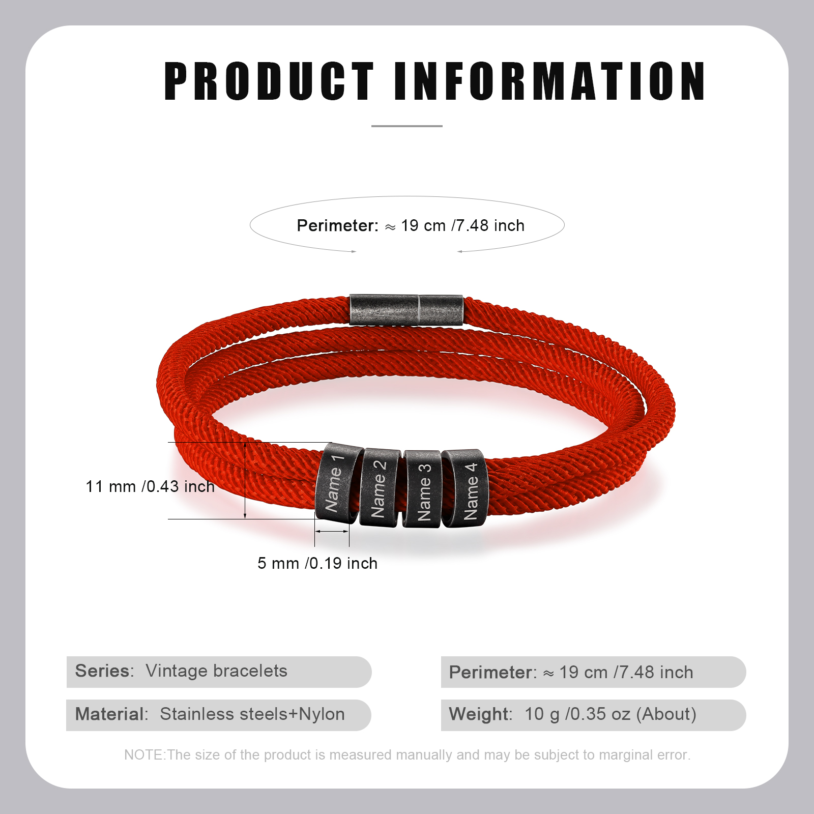 Pulsera de triple cuerda hilo rojo con 4 aros 4 nombres personalizados pulsera de hombre -Jessemade ES