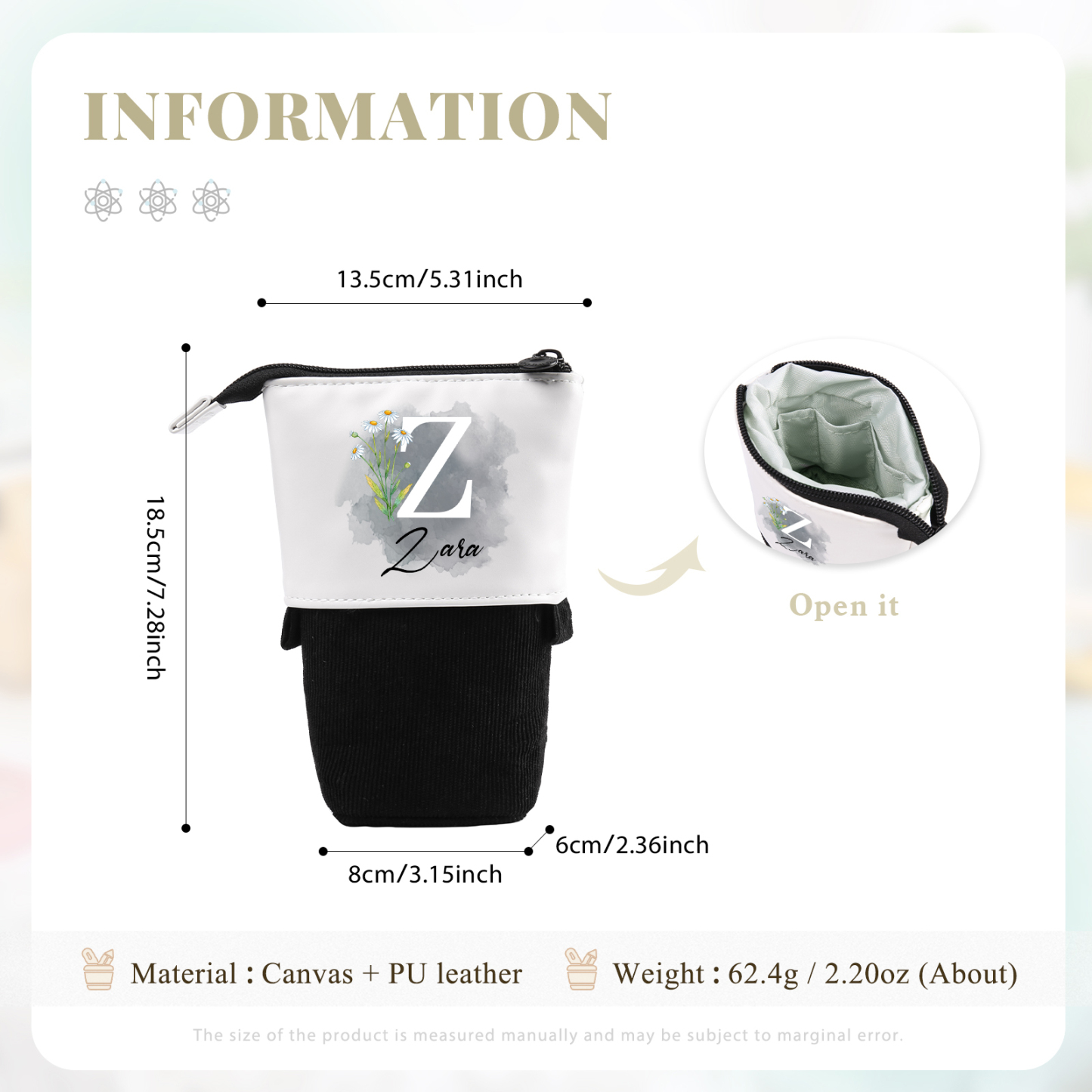 Estuche personalizado con nombre, letra y flor de nacimiento con diseños coloridos para niños