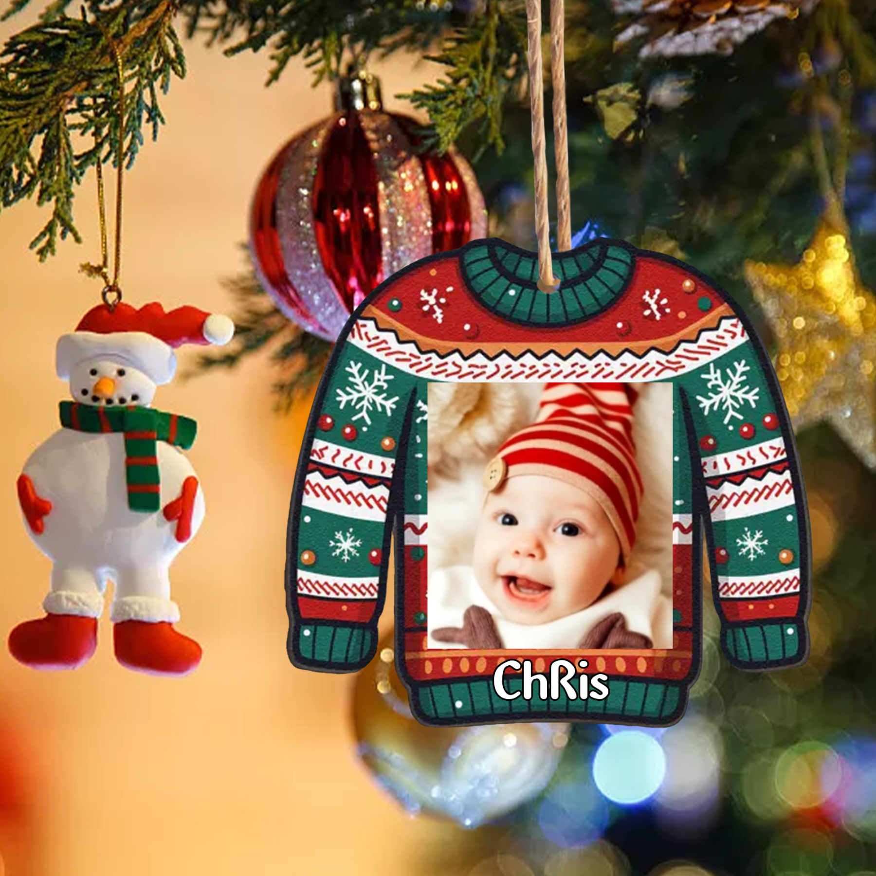 Navidad-Bebé Ornamento Navideño 1 nombre y foto personalizados en forma de suéter