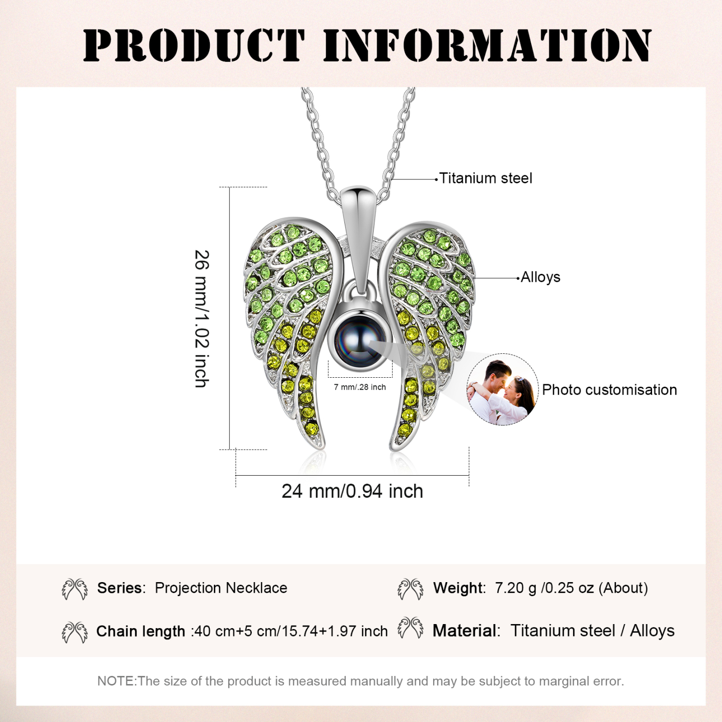 Collar de alas de ángel abiertas personalizado con 1 foto en proyección-Jessemade ES