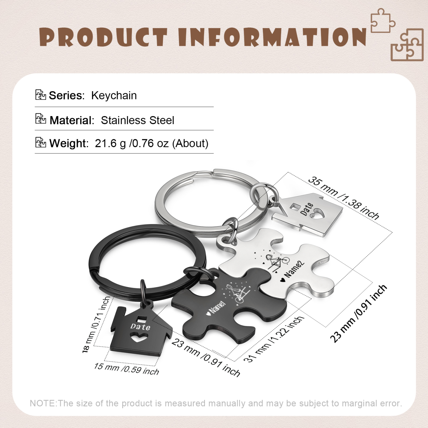 Llavero para pareja rompecabezas 2 nombres personalizados con fecha dije de casa-Jessemade ES