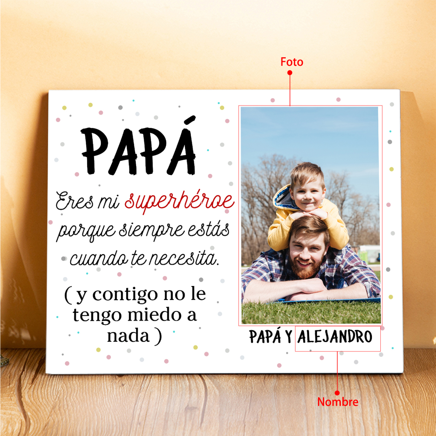 A mi papá - Lámina marco de madera 1 nombre personalizado con 1 foto-Jessemade ES