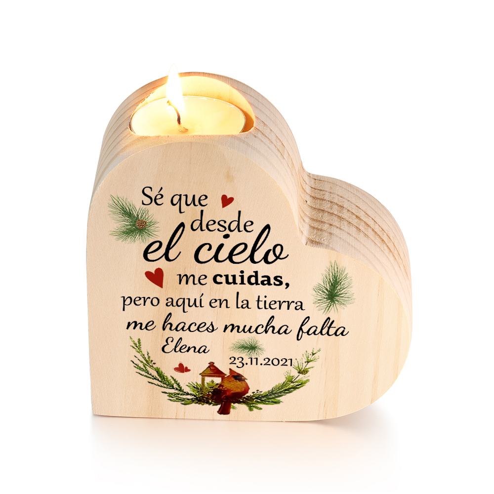Navidad en el paraíso-Candelero de corazón en memoria de ser querido personalizado con nombre y fecha de madera sin vela-Jessemade ES