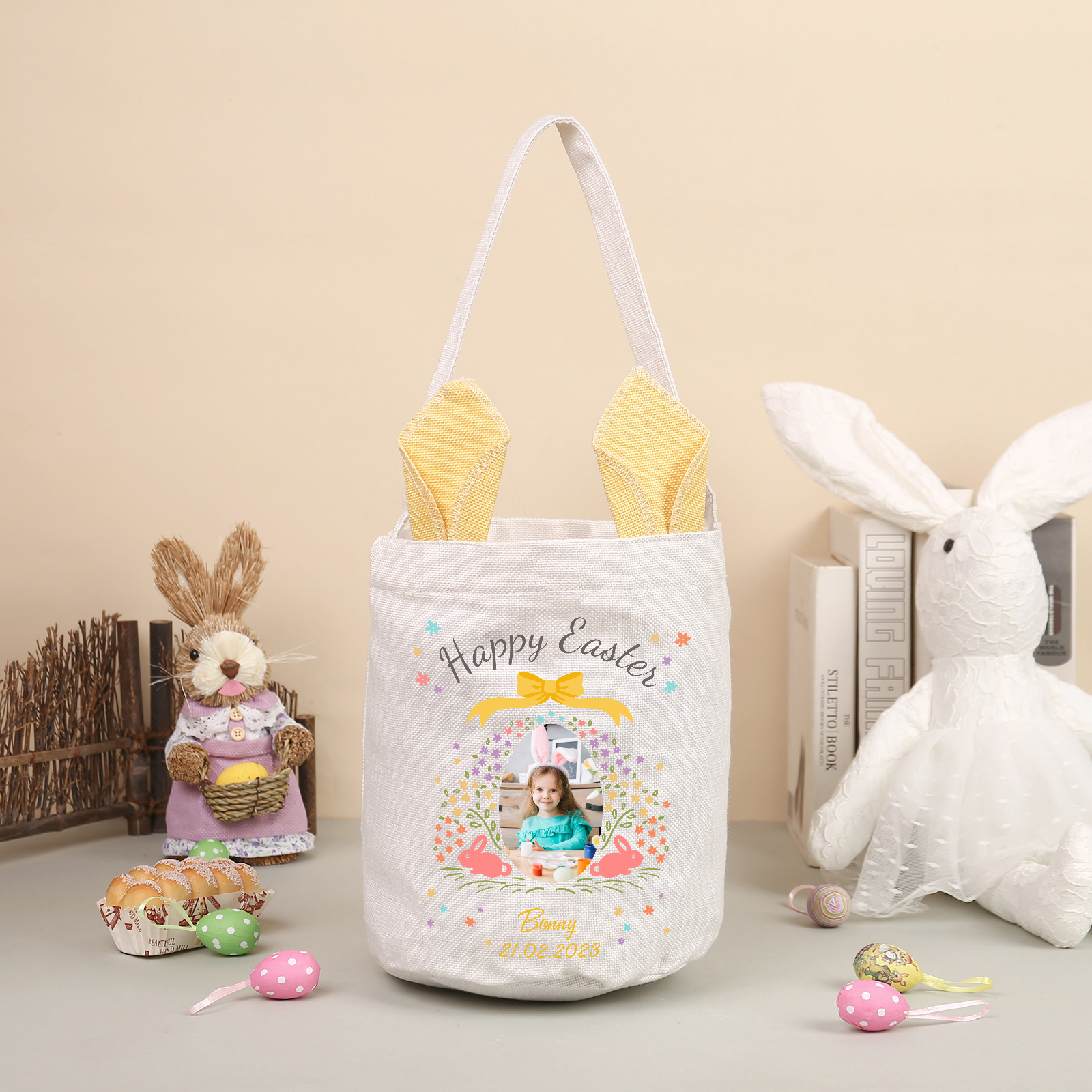 Pascua-Bolsa de conejo con 1 nombre, 1 texto, 1 fecha y 1 foto personalizados-Jessemade ES