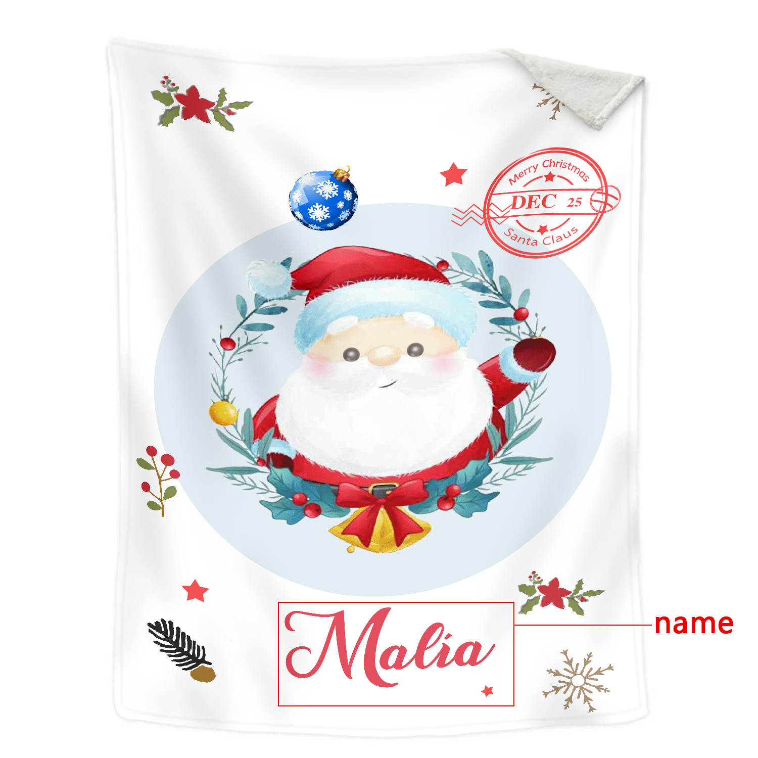 Manta de buen calidad con Papá Noel personalizada con 1 nombre-Jessemade ES