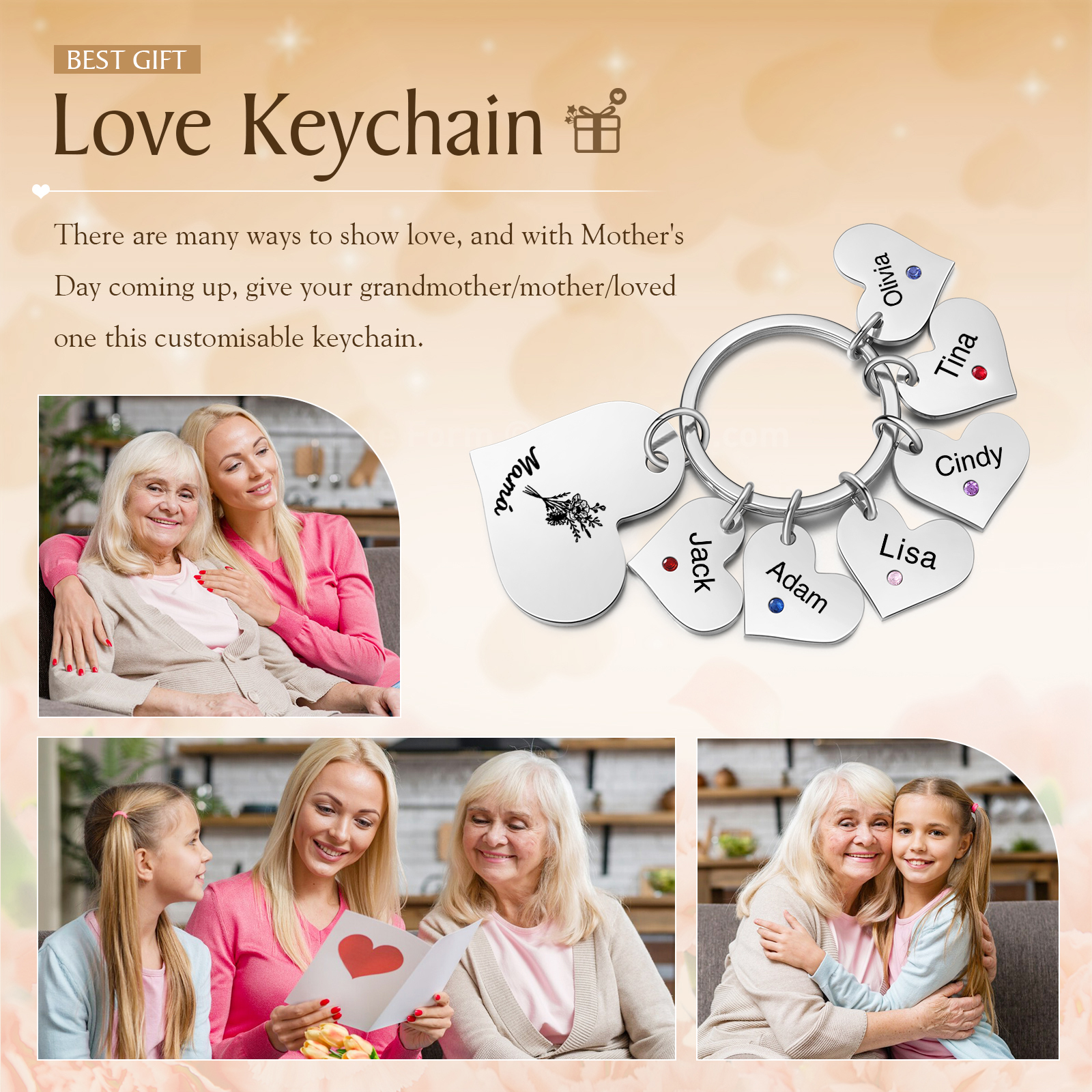 A mi mamá/abuela - Llavero con 6 nombres y piedras de nacimiento personalizados en corazones con texto y flor-Jessemade ES