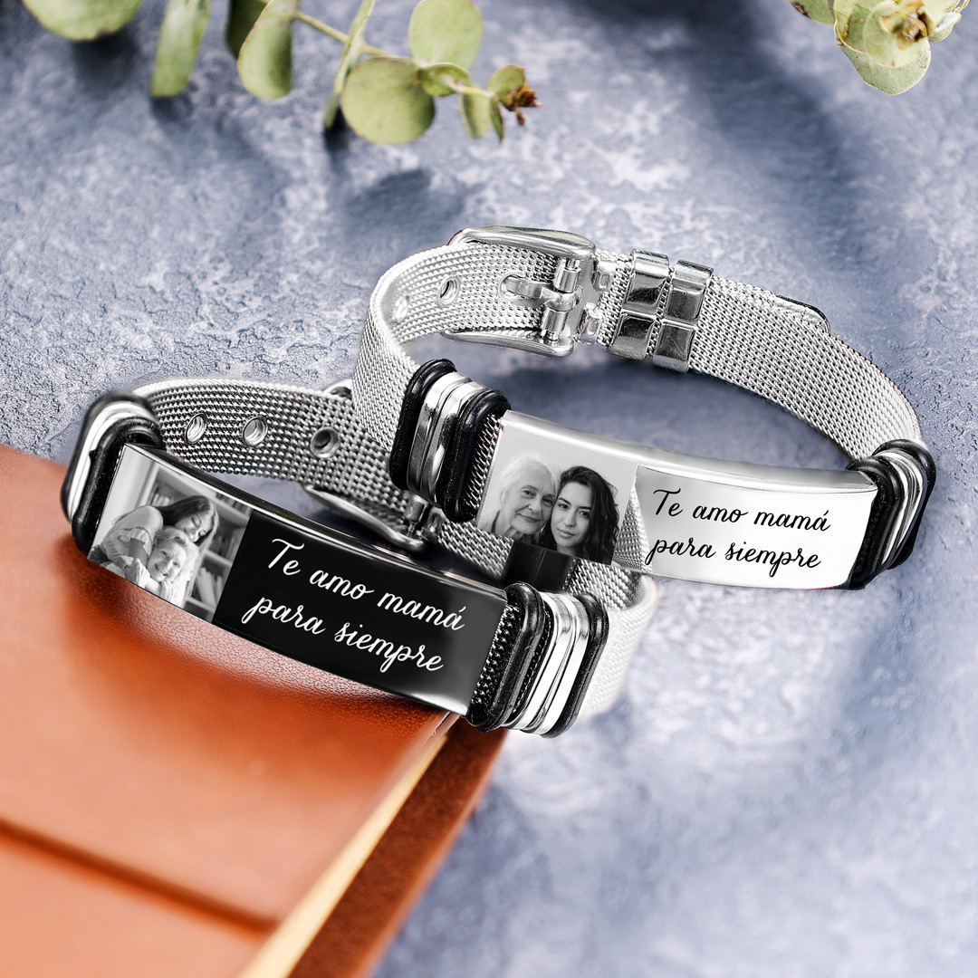 A mi papá-Pulsera de cadena personalizada con 2 textos y 1 foto-Jessemade ES