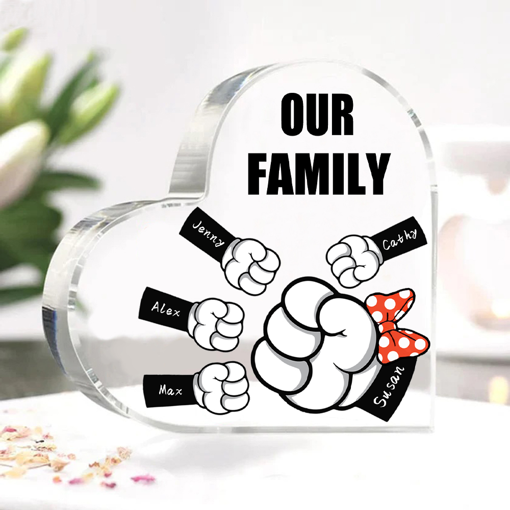 A mi mamá/abuela-Placa de acrílico "Puños" en forma de corazón 5 nombres y 1 texto personalizados-Jessemade ES