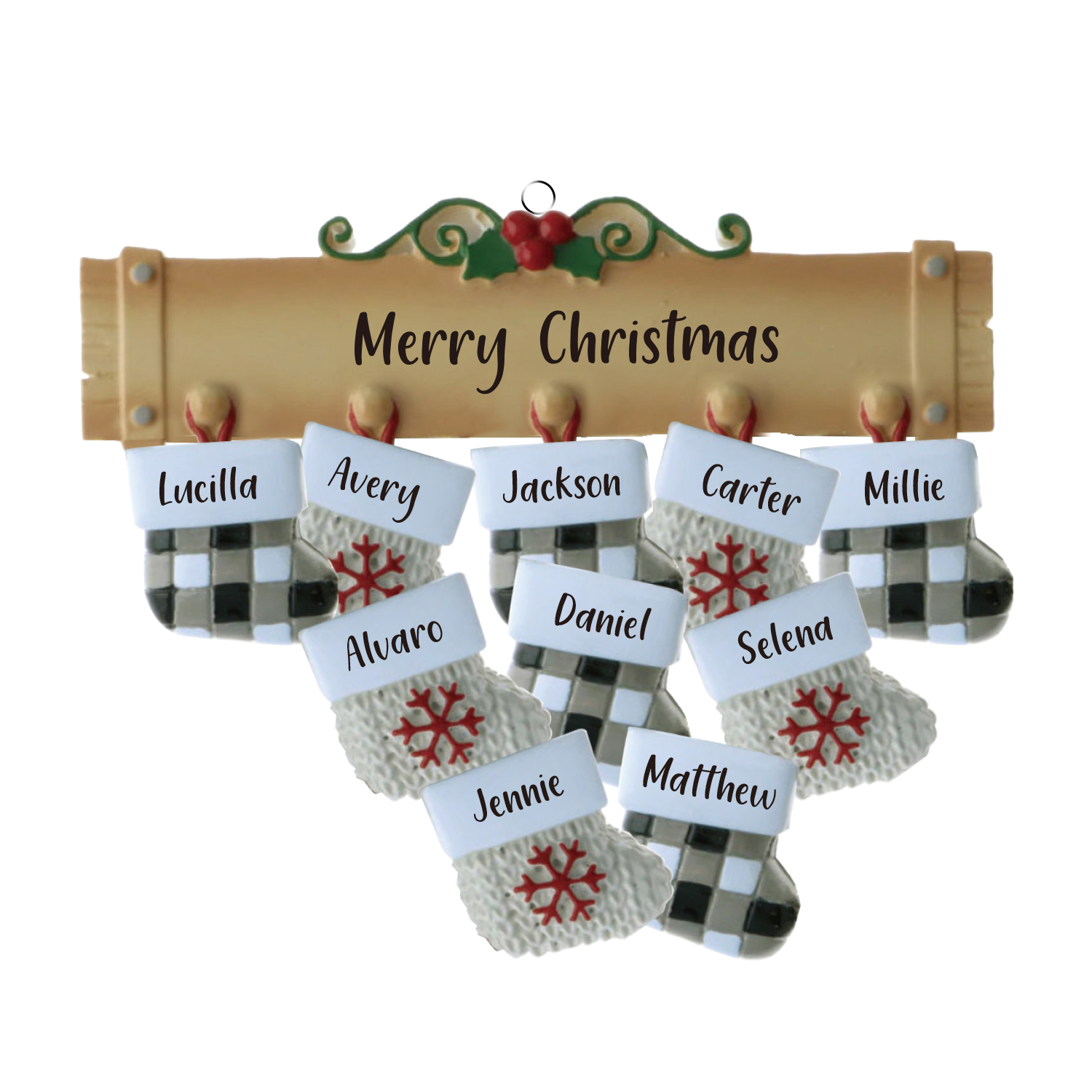 Navidad-Ornamento muñecos navideño de madera calcetines 10 nombres y 1 texto personalizados adorno del árbol-Jessemade ES