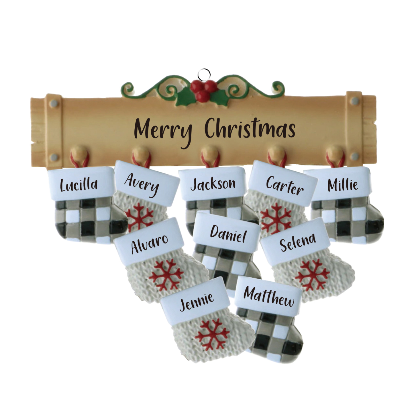 Navidad-Ornamento muñecos navideño de madera calcetines 10 nombres y 1 texto personalizados adorno del árbol-Jessemade ES