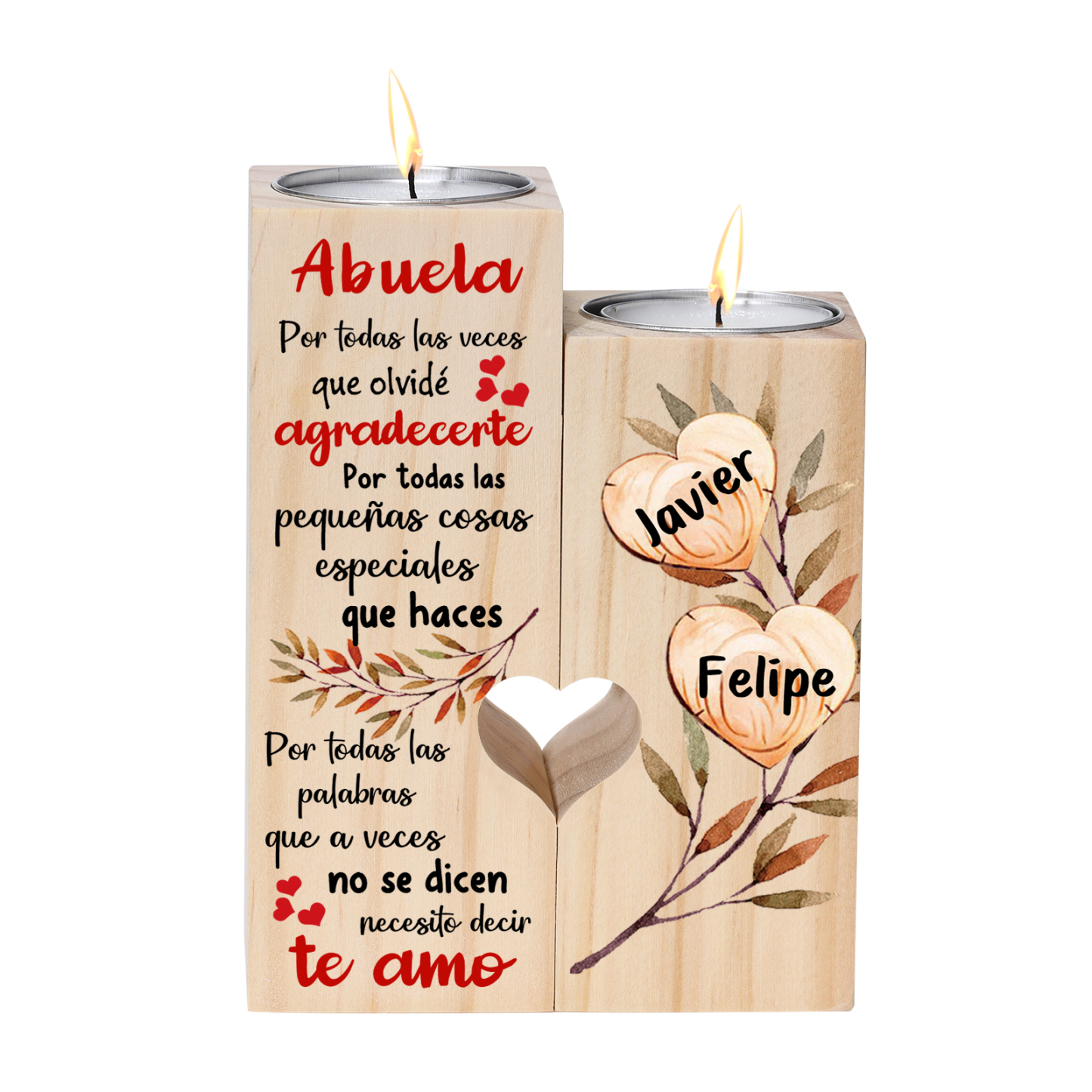 A mi abuela - Candelero de madera sin vela Corazones 2 nombres personalizados