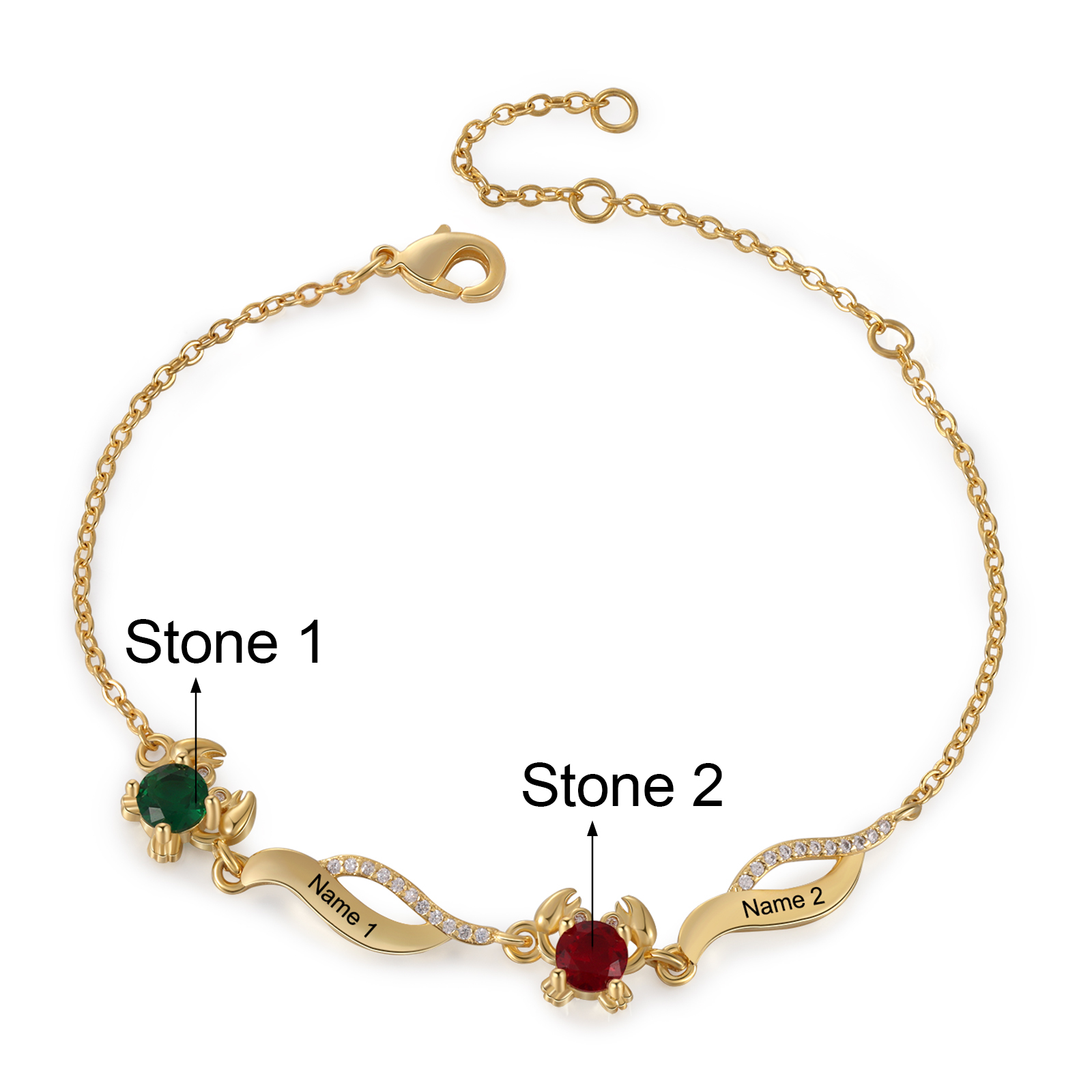 Pulsera con dije de cangrejo para mujer personalizada con 2 nombres y 2 piedras de nacimiento-Jessemade ES