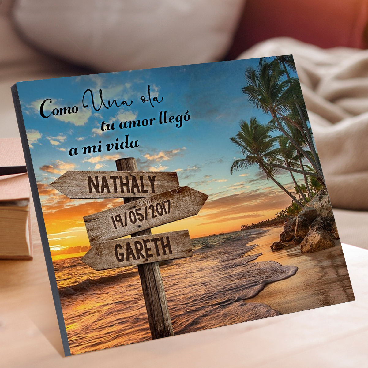 Lámina playa marco de madera para pareja personalizado con 2 nombres y fecha-Jessemade ES