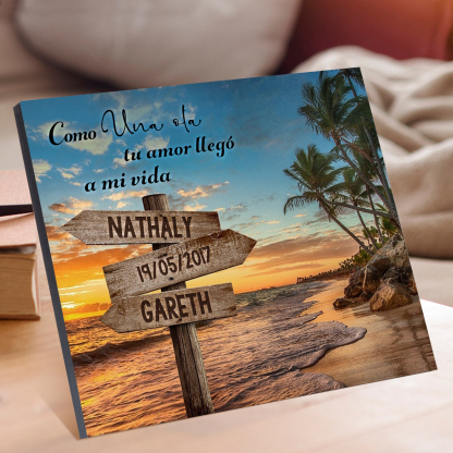 Lámina playa marco de madera para pareja personalizado con 2 nombres y fecha-Jessemade ES
