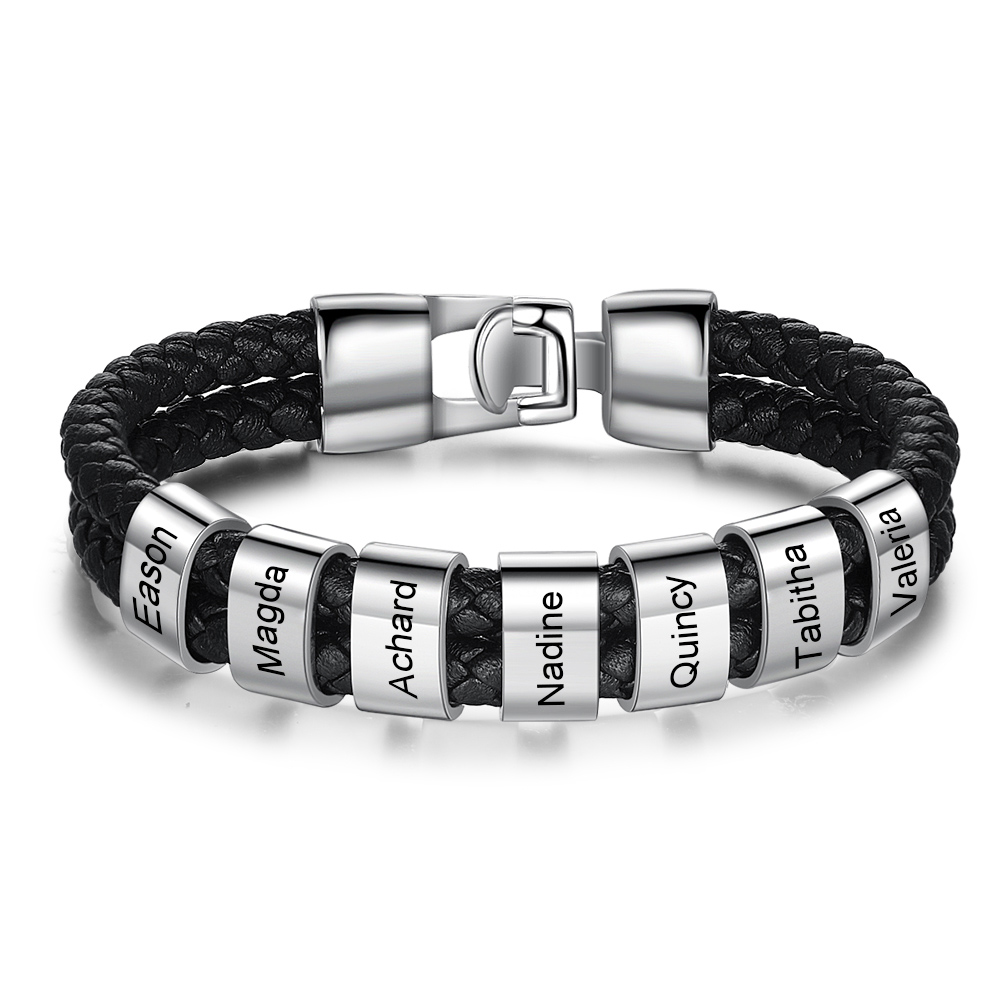 Pulsera 1-8 Nombres Personalizados de Cuero Trenzado con Aros-Jessemade ES
