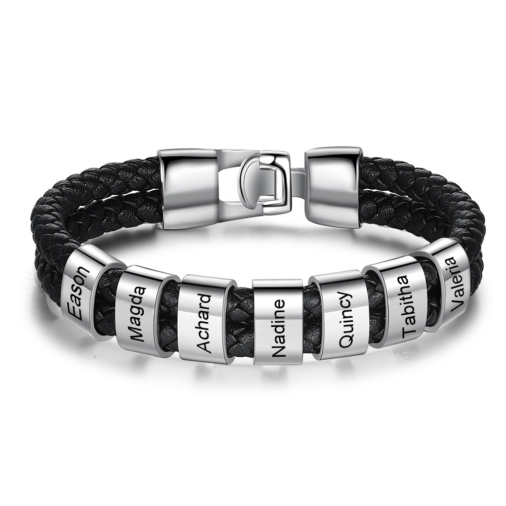 Pulsera 1-8 Nombres Personalizados de Cuero Trenzado con Aros-Jessemade ES