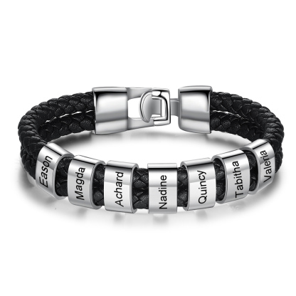 Pulsera 1-8 Nombres Personalizados de Cuero Trenzado con Aros-Jessemade ES