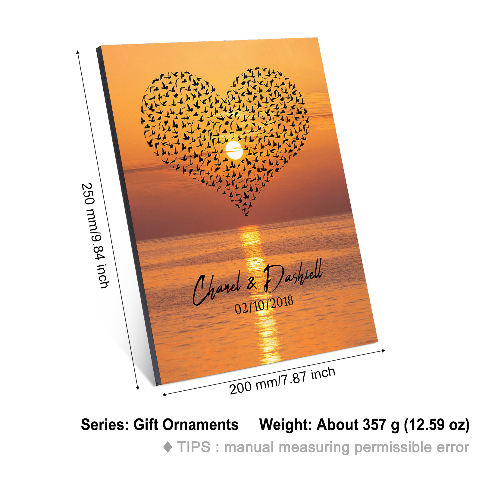 Lámina "corazón de pájaros" marco de madera para pareja 2 nombres personalizados con fecha-Jessemade ES