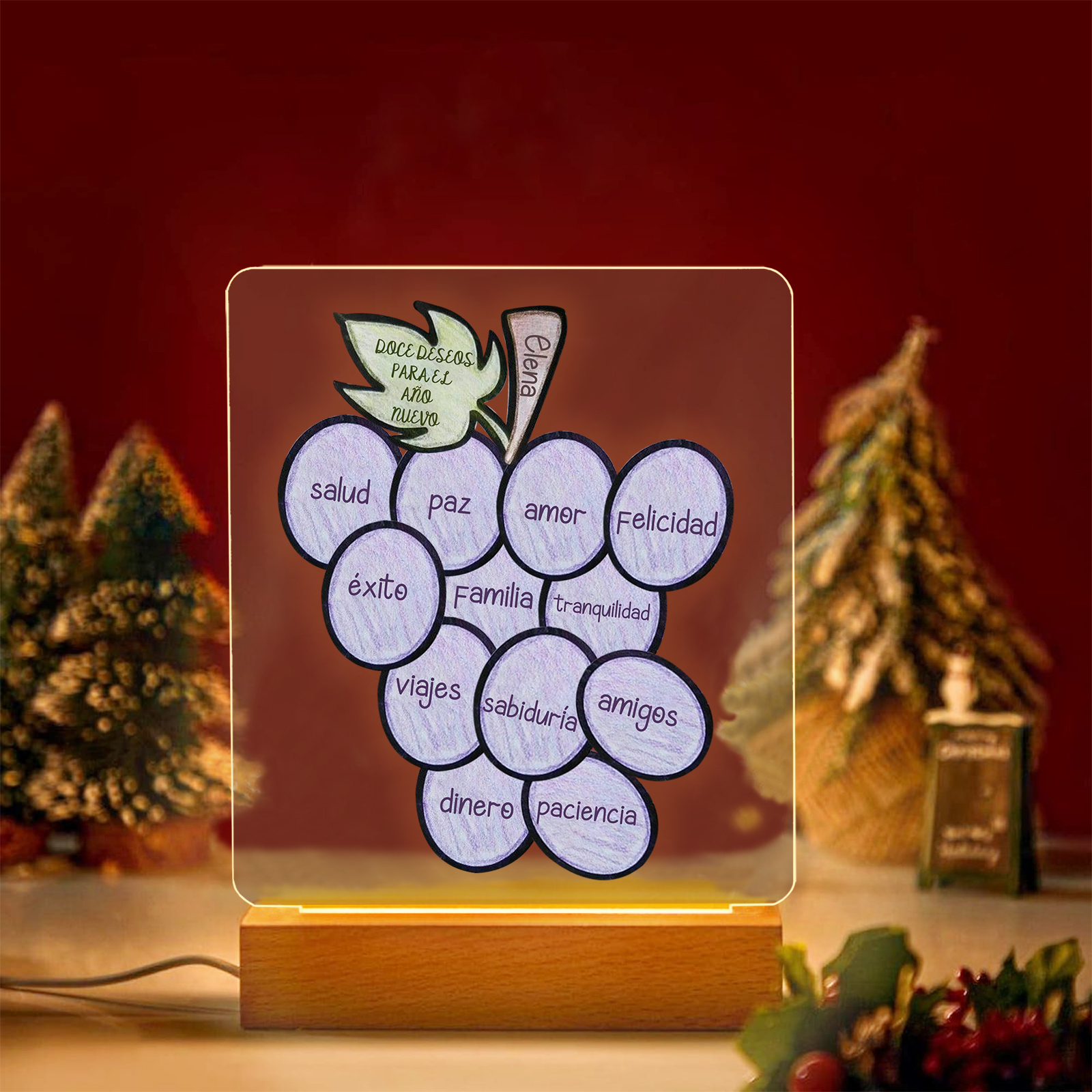 Navidad-Lámpara Luz de Noche LED Año Nuevo Doce Uvas Doce Deseos con Nombre Personalizado-Jessemade ES