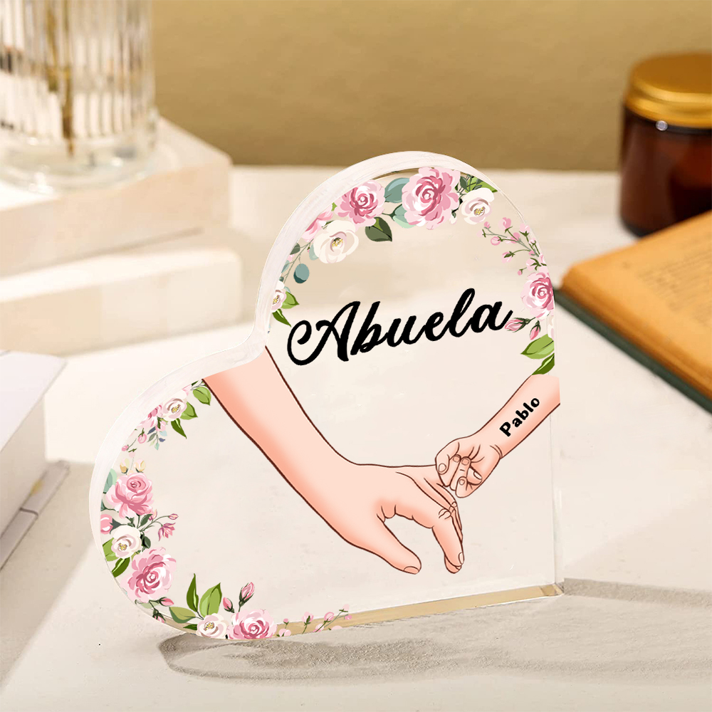A mi mamá/abuela-Placa de acrílico en forma de corazón mano a mano con 1 texto y 1 nombre personalizado | Jessemade