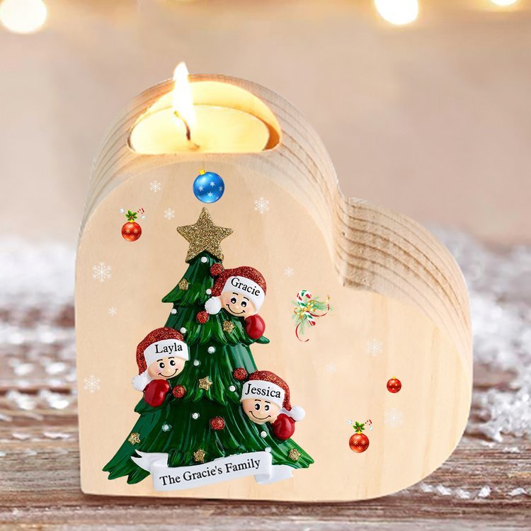 Navidad - Candelero de corazón de madera árbol de familia personalizado con 3 nombres y 1 texto sin vela-Jessemade ES