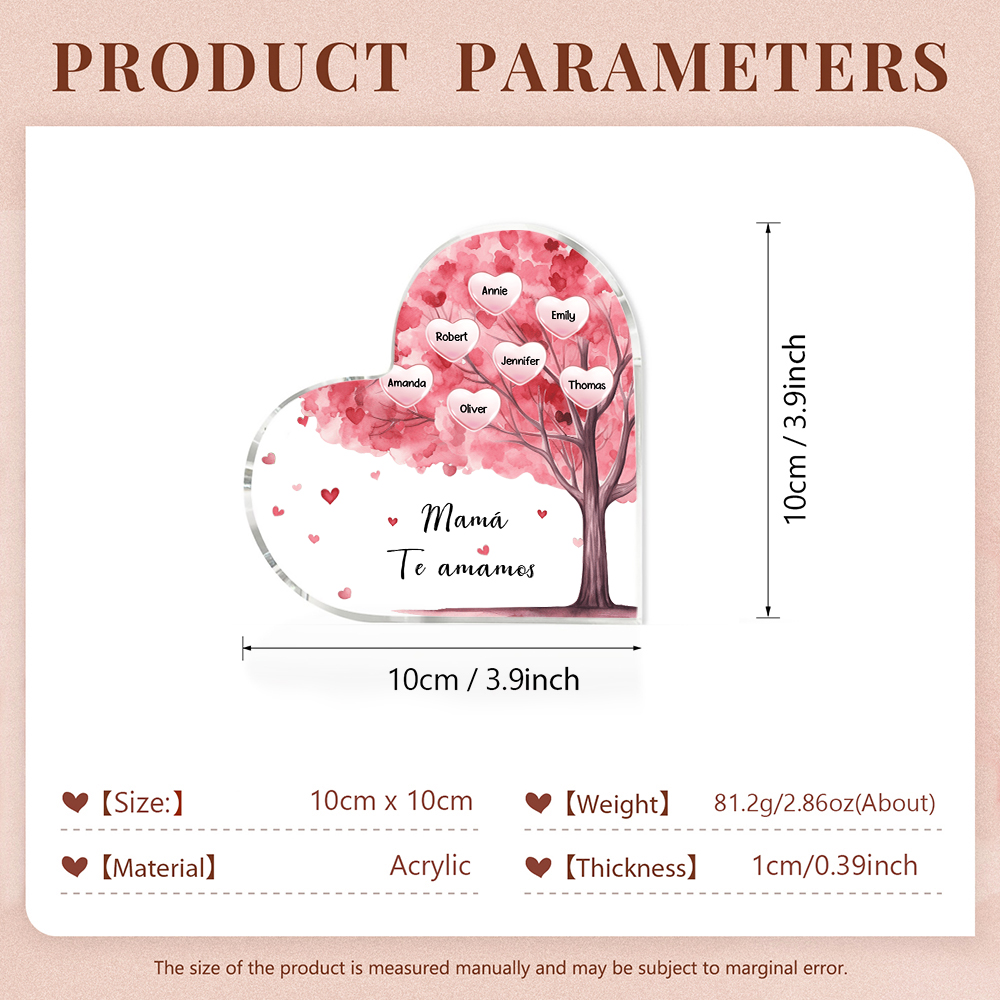 A mi mamá/abuela-Placa de acrílico "Árbol" en forma de corazón 7 nombres y 1 texto personalizados-Jessemade ES