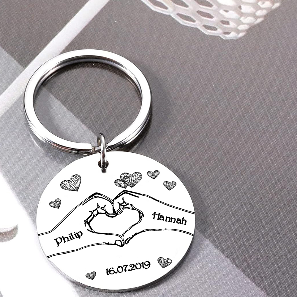 Llavero para pareja Corazón posado con manos 2 nombres, fecha y 1 foto personalizados-Jessemade ES