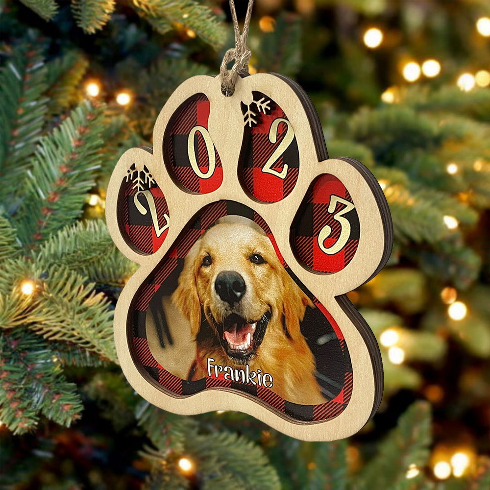 Navidad-Ornamento navideño de madera pata de perro con 1 nombre y 1 foto personalizados