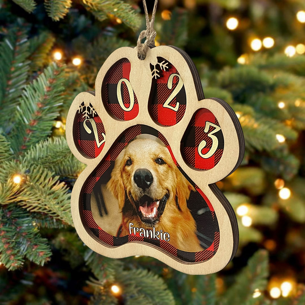Navidad-Ornamento navideño de madera pata de perro con 1 nombre y 1 foto personalizados