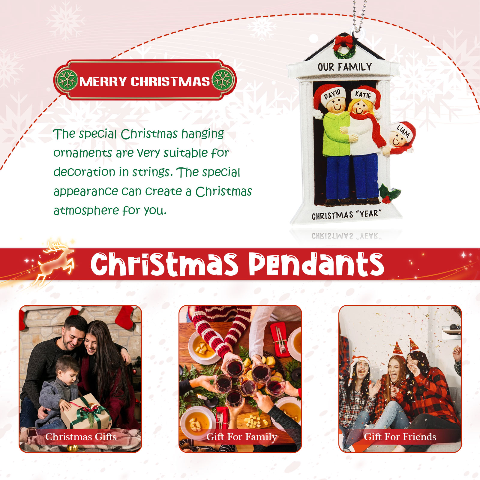 Navidad-Ornamentos Navideños de Acrílico Familia en Puerta 3 Nombres Personalizados con 2 Textos