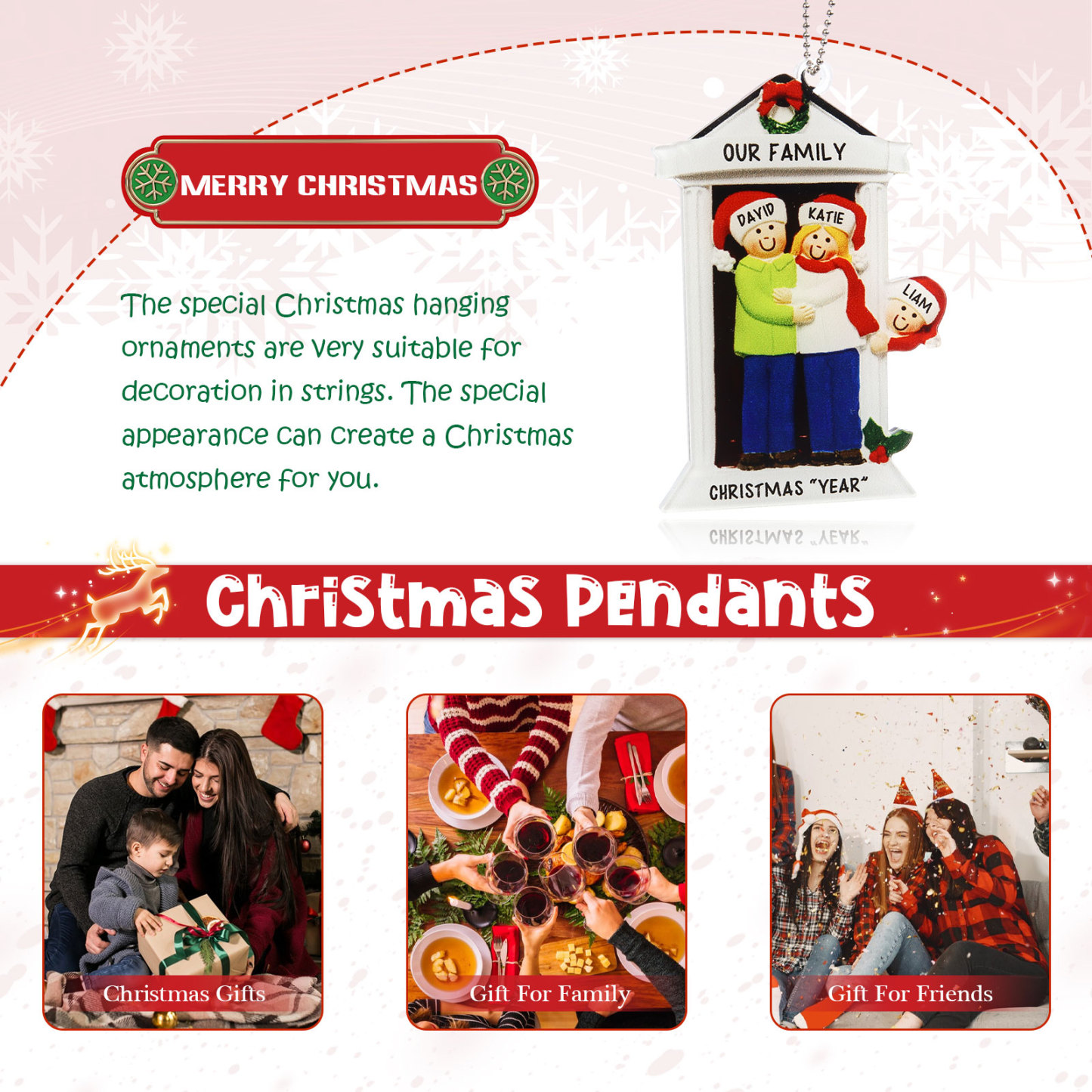 Navidad-Ornamentos Navideños de Acrílico Familia en Puerta 3 Nombres Personalizados con 2 Textos